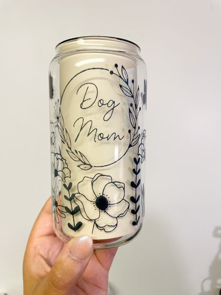 Floral Dog Mom Can Glass